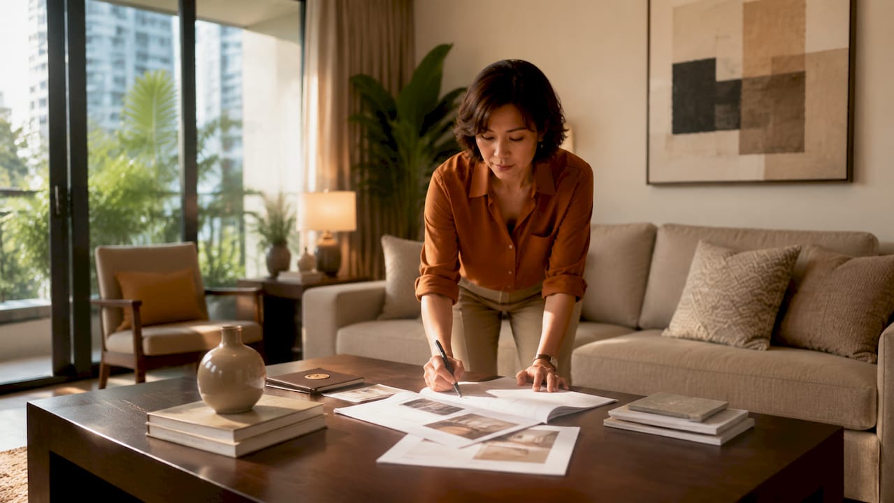 Property agent reviewing staging in empty condo