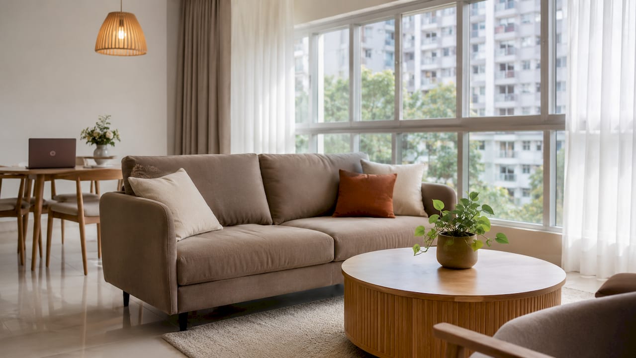 Staged Singapore condo living room with neutral tones