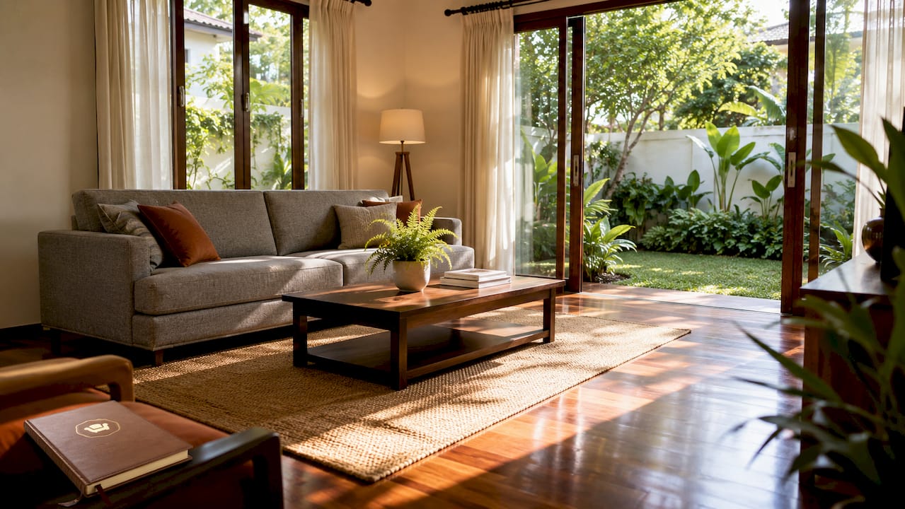 Staged living room in Singapore bungalow with garden view