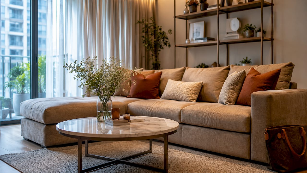Staged living room in Singapore condo with natural light