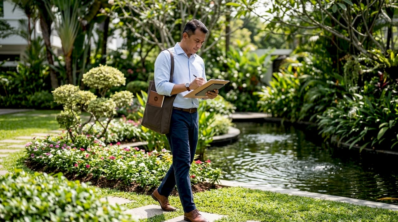 Man assessing a landed property garden space outdoors
