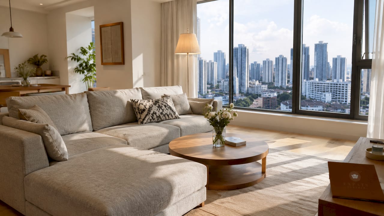Staged condo living room in Singapore with warm natural light