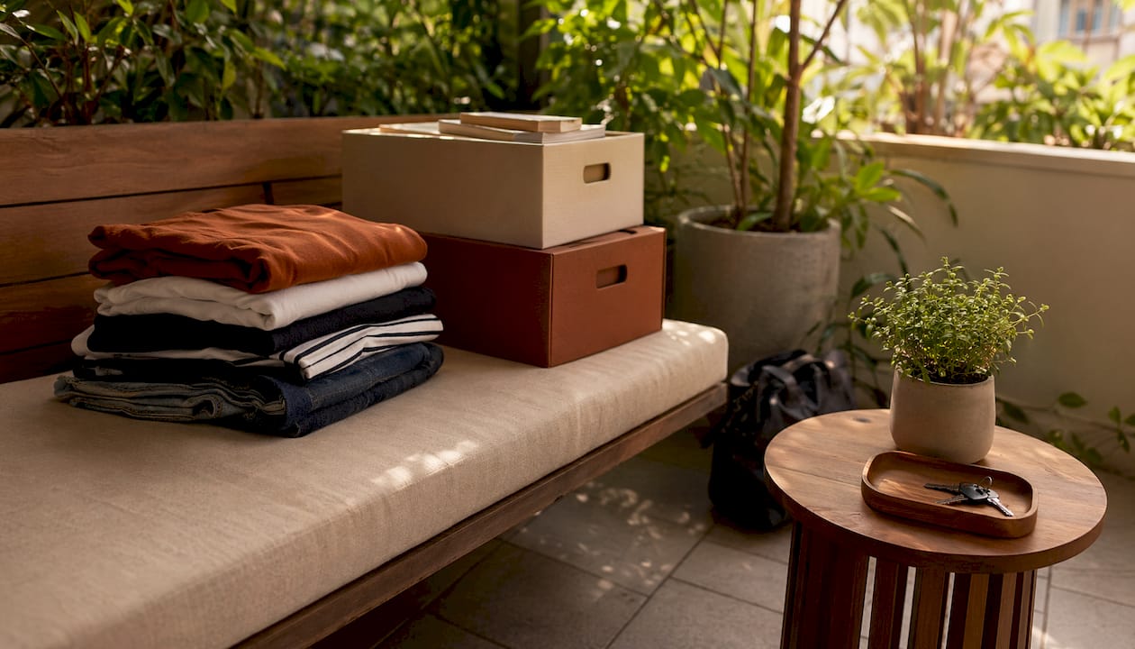 Neatly decluttered condo living room with packed items