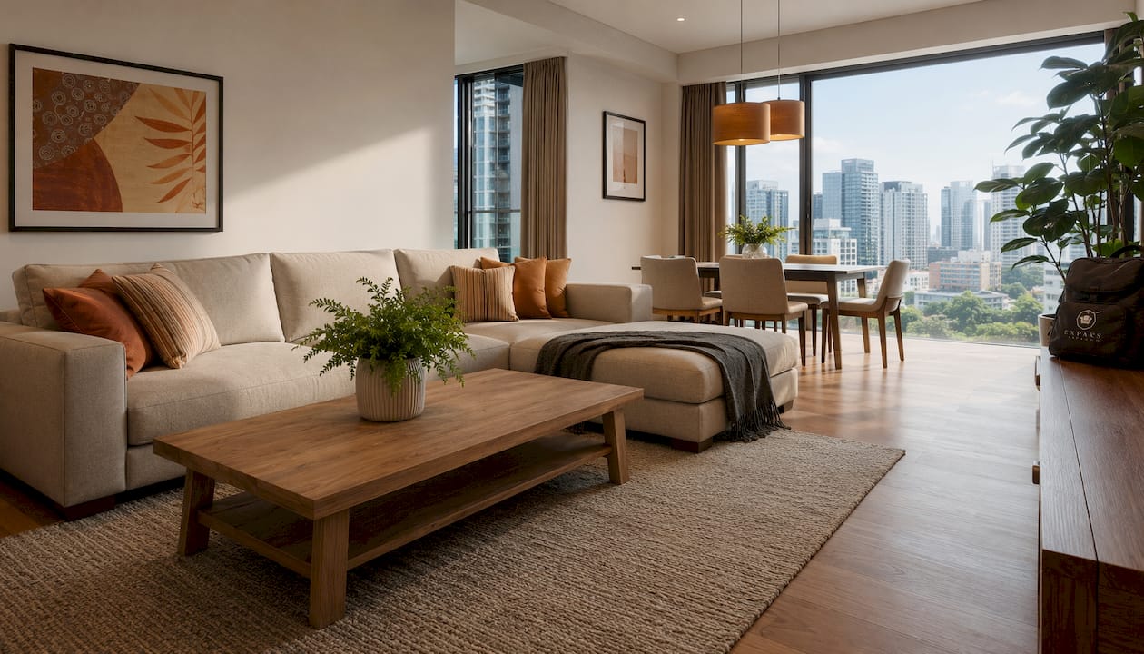 Fully furnished Singapore condo living room for expat renters