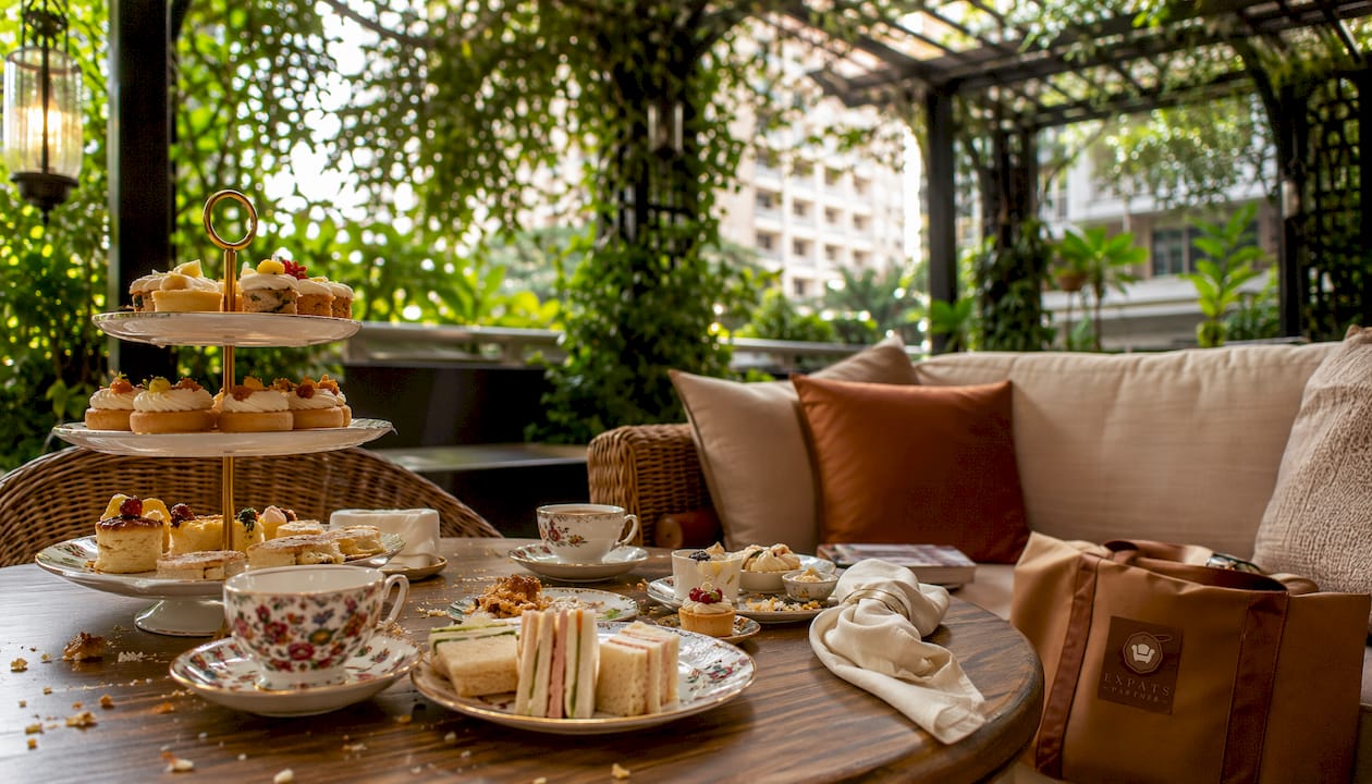 Cozy condo living room with high tea setup
