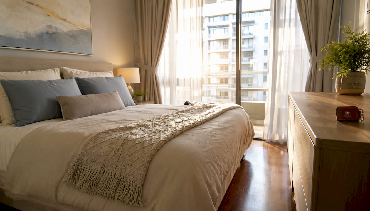 Bright apartment bedroom with window and tidy furnishings