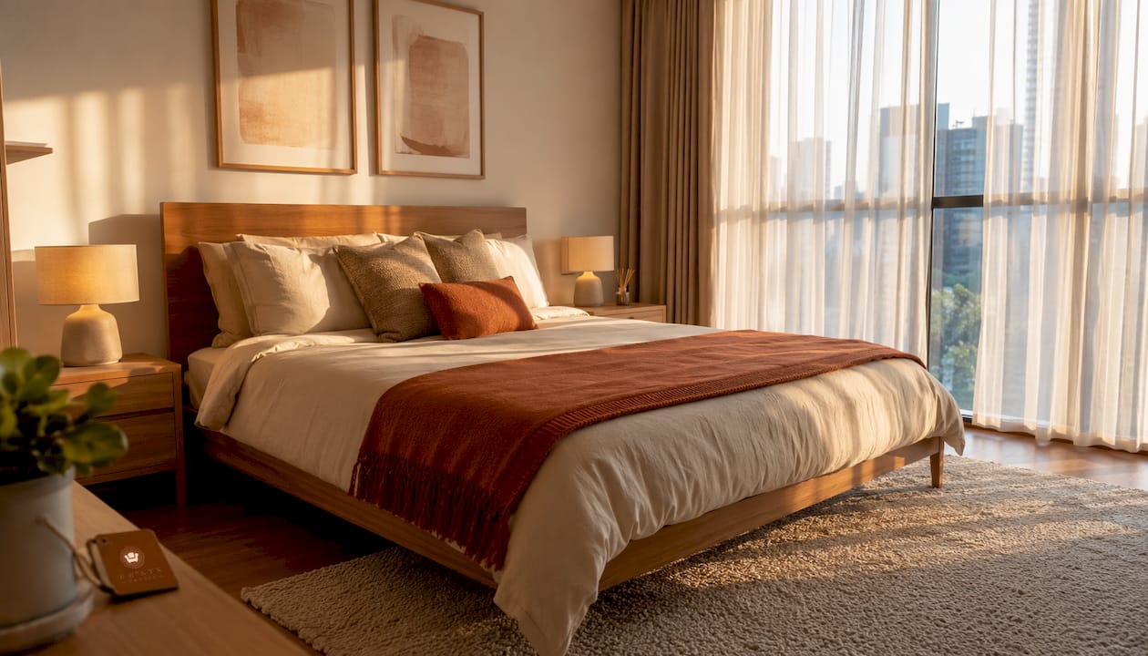 Master bedroom staged with bed and bedside lamps