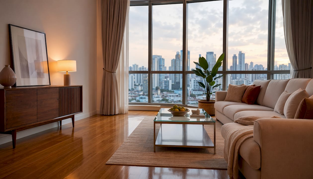 Spacious private condo living room staged elegantly