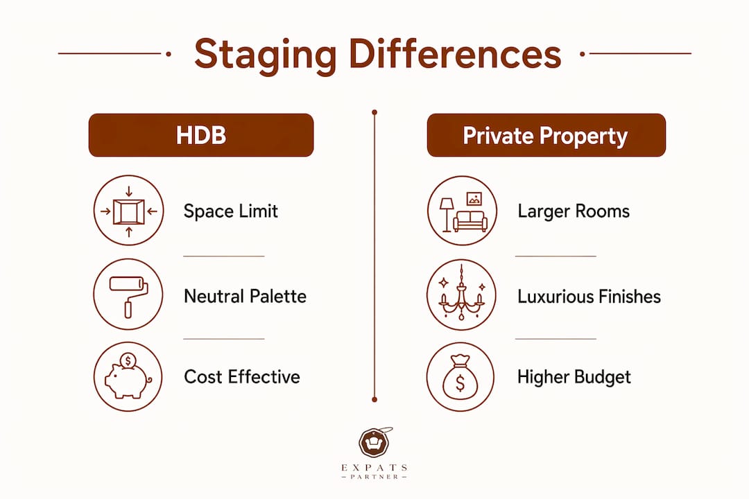 Infographic comparing HDB and private property staging