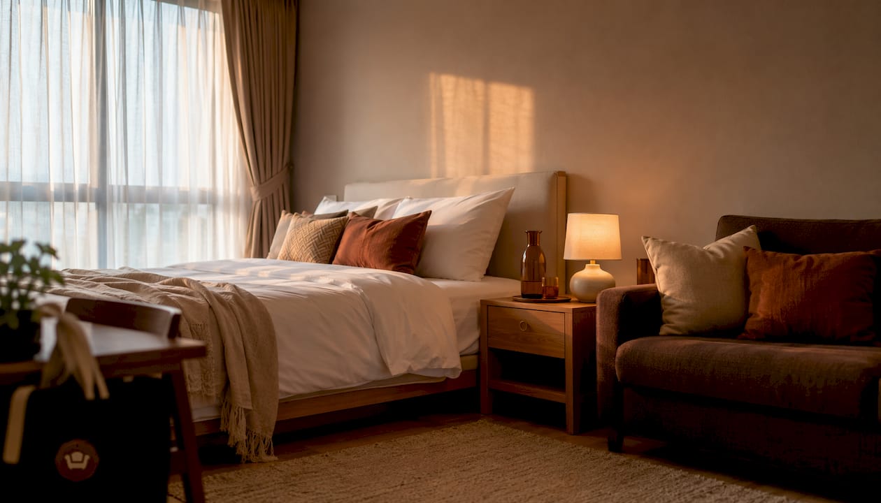Master bedroom with sofa and mattress in rental unit