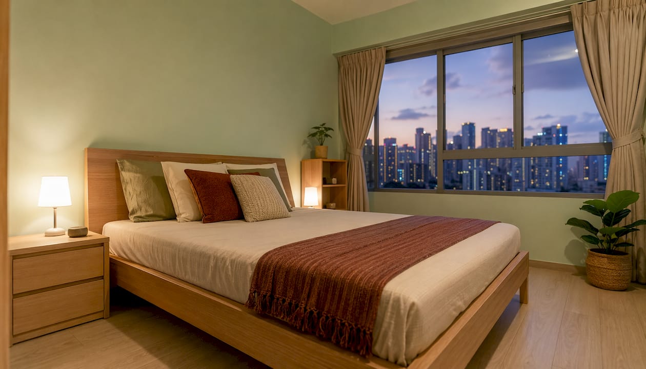 Staged warm bedroom inside Singapore HDB flat