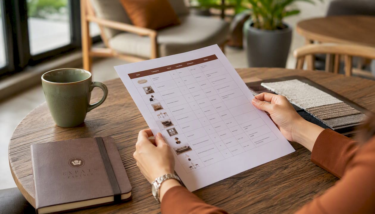 Close-up of staging schedule on table in show flat