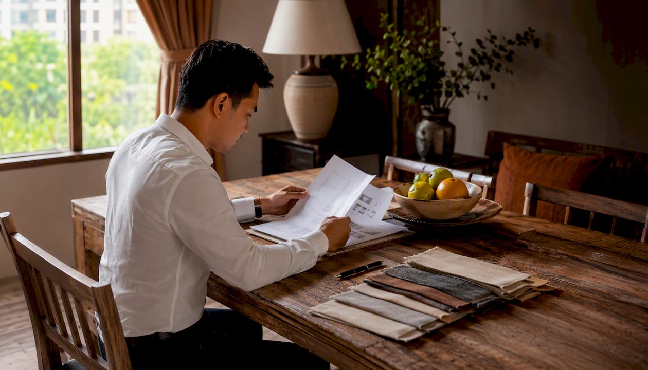 Landlord reviewing furniture rental contract