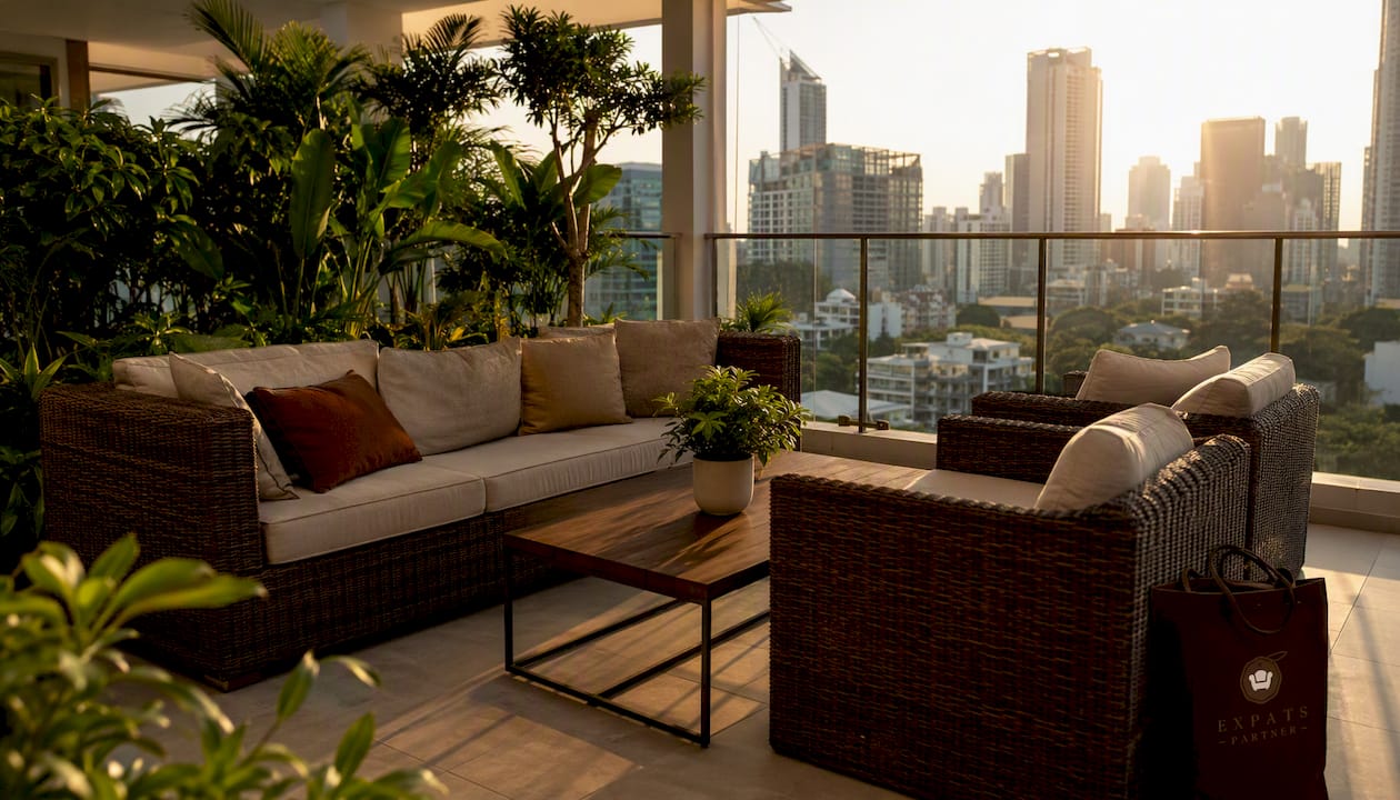 Warm Singapore condo living room with rental furniture
