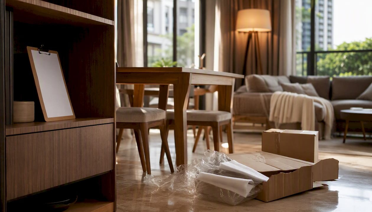 Singapore condo living room with delivery setup