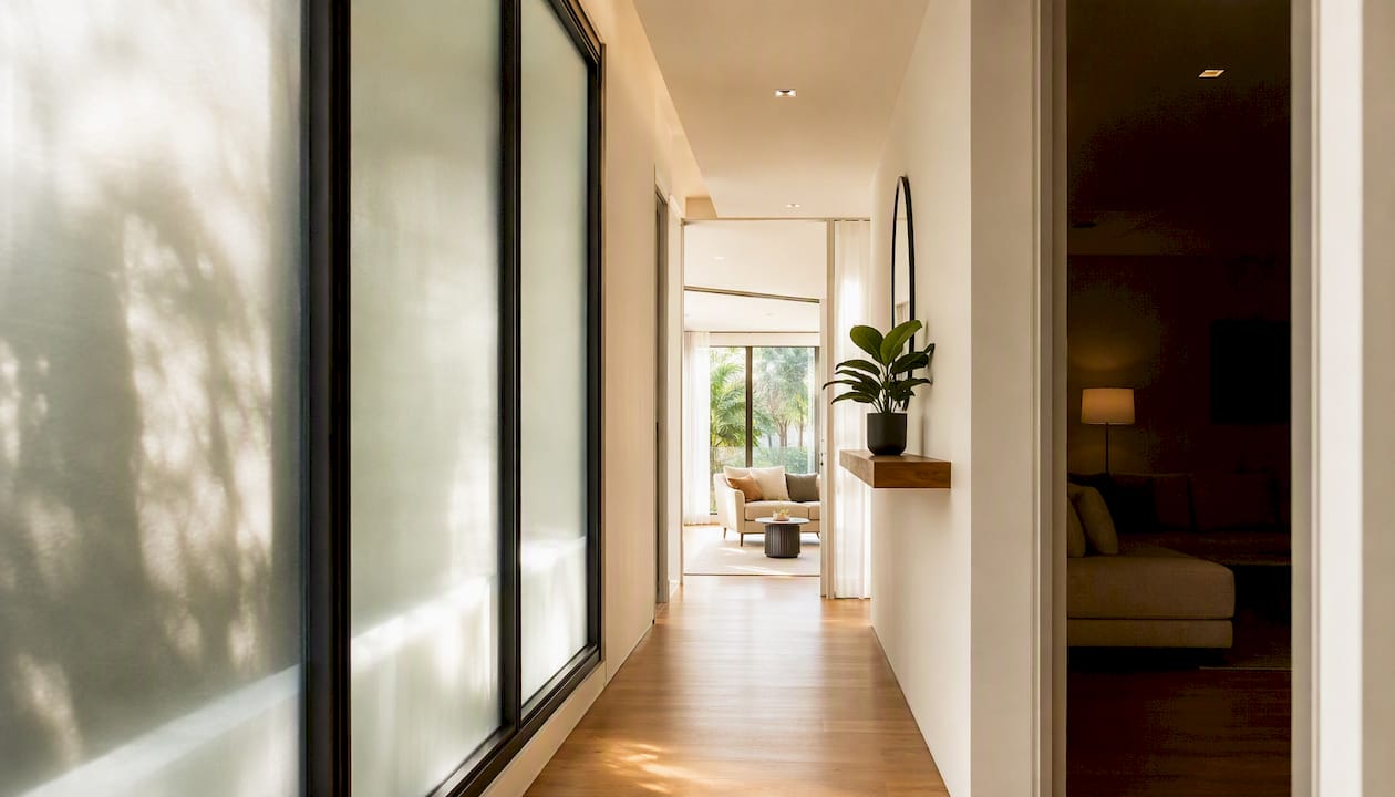 Staged hallway with lighting and decor