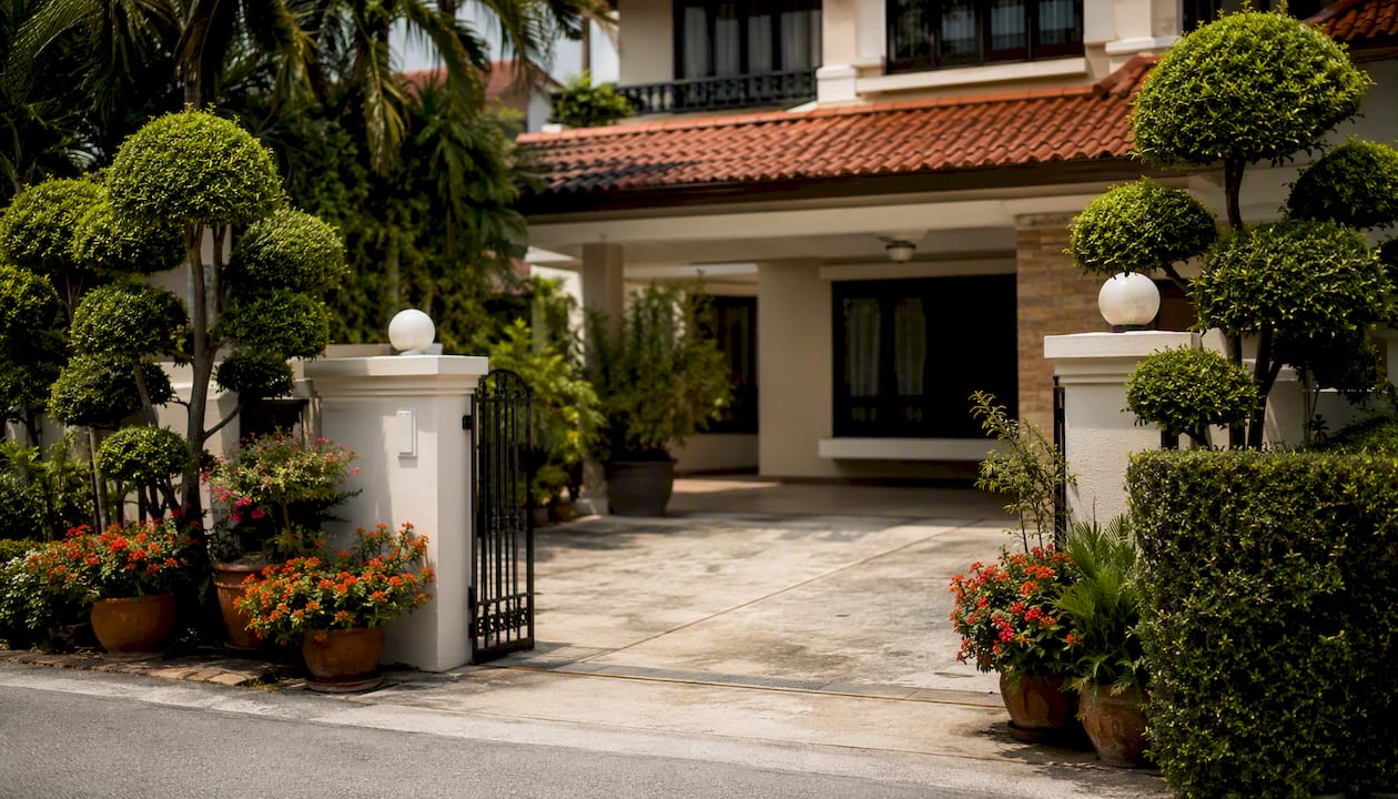 Vacant landed house front gate and path