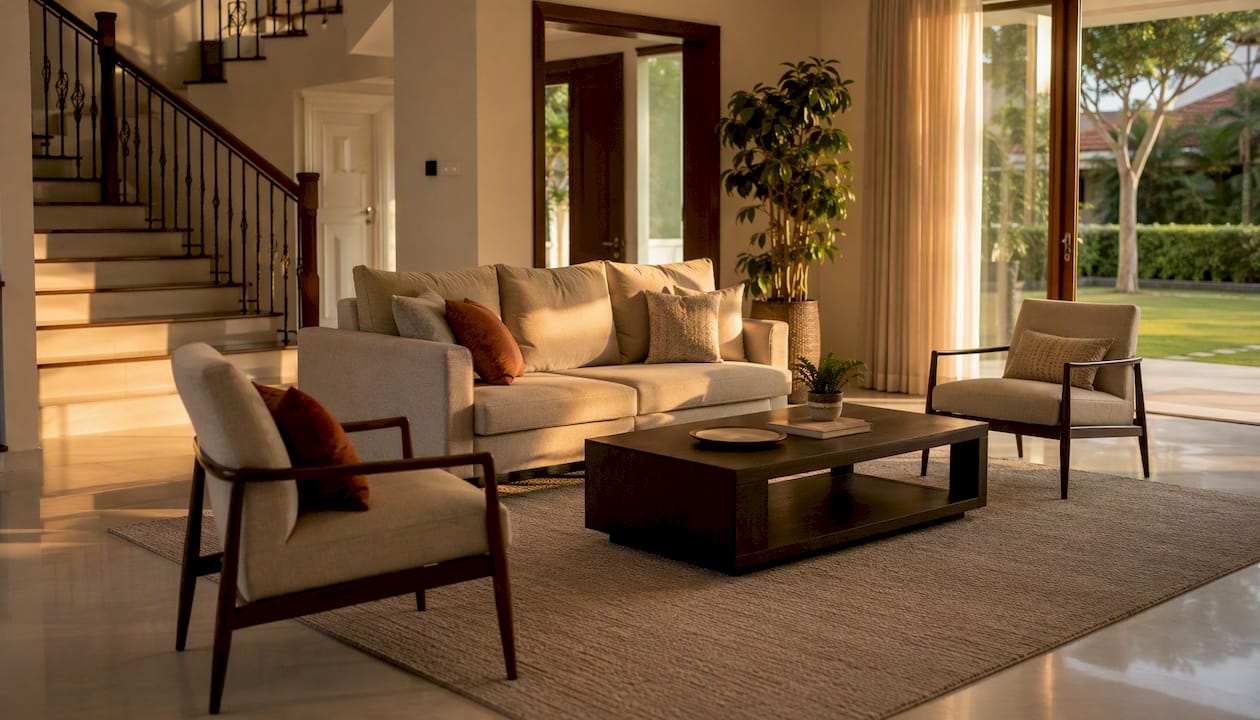 Staged landed house living room with area rug