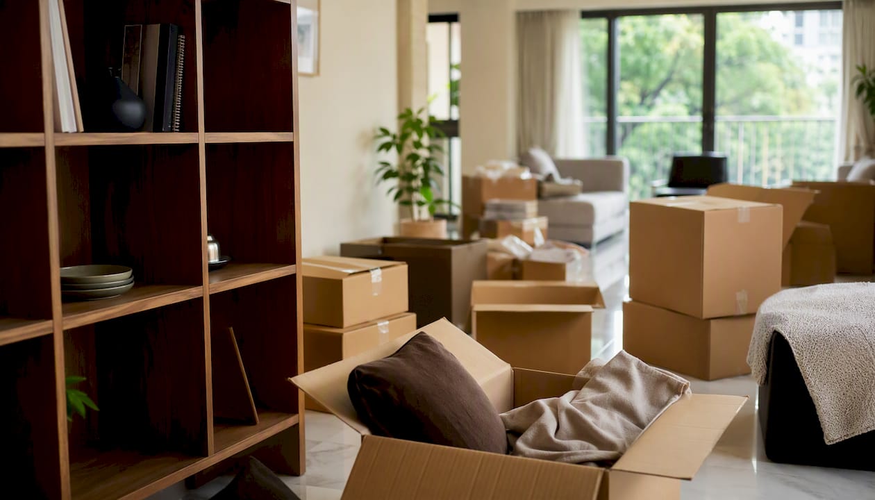 Apartment interior with packed boxes and furniture silhouette