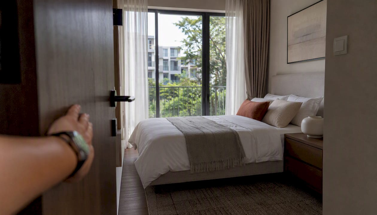 Hand on door handle in staged condo living room