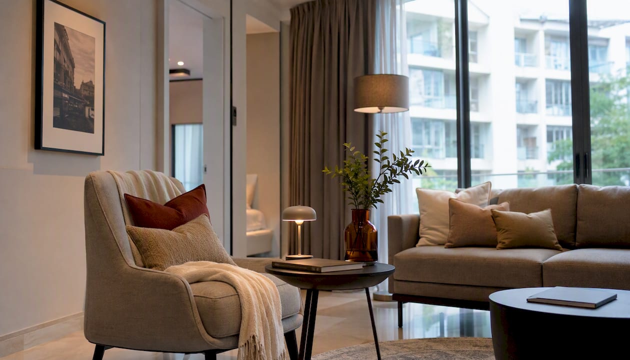 Warm staged living room with rental furniture