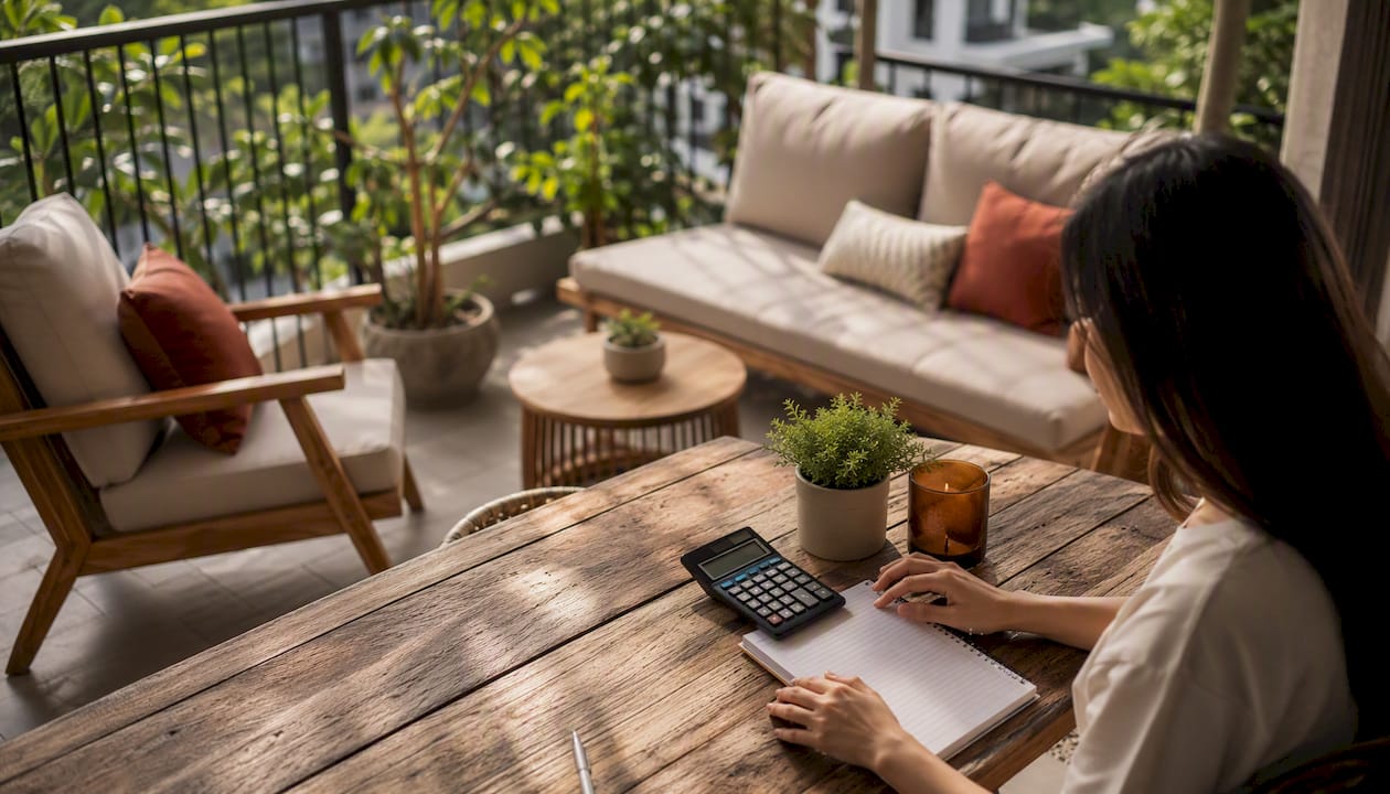Person calculating staging costs in staged apartment