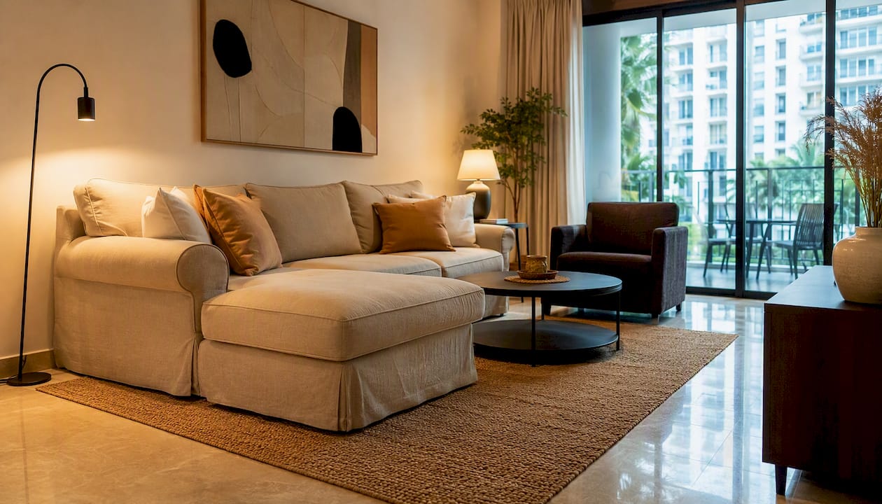 Durable rental furniture arrangement in living room
