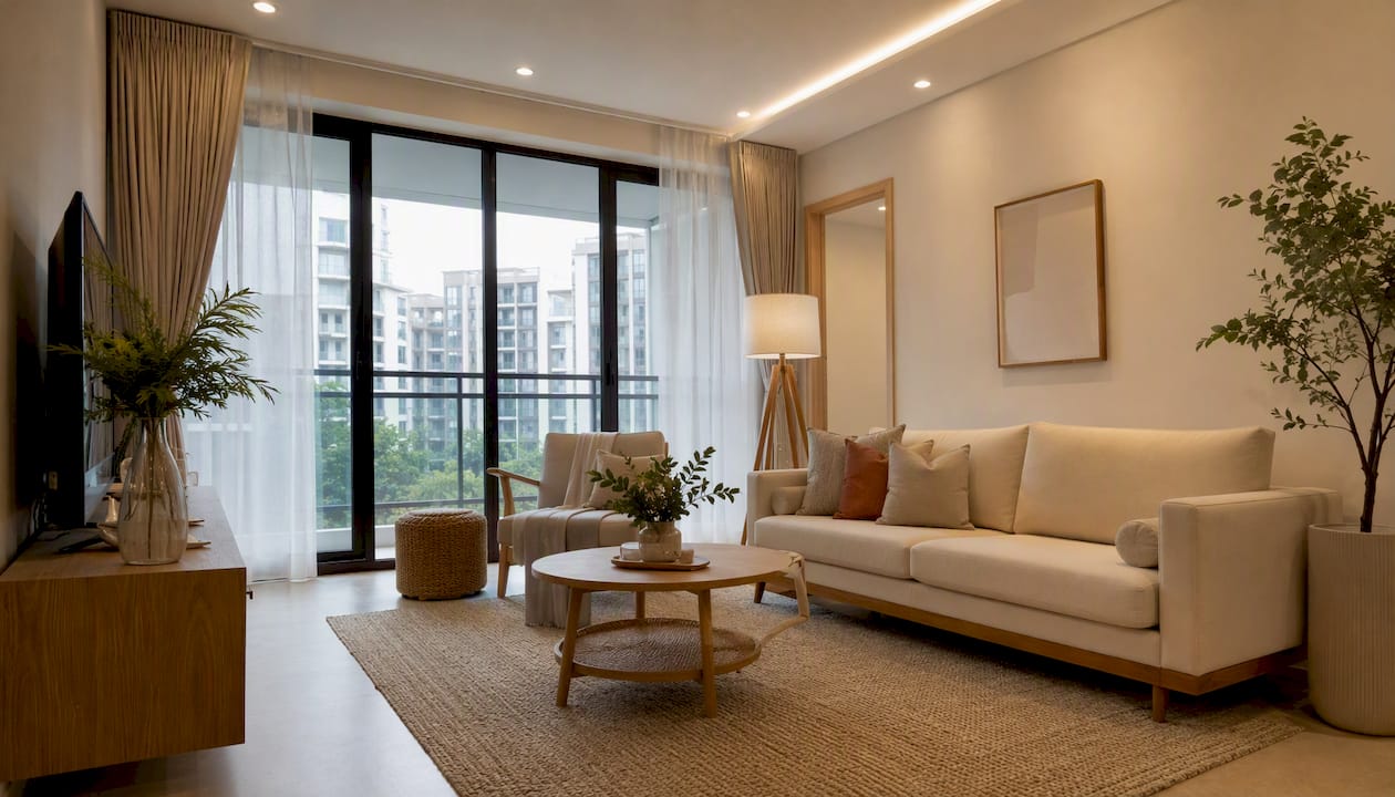 Warm neutral staged condo living room with layered lighting