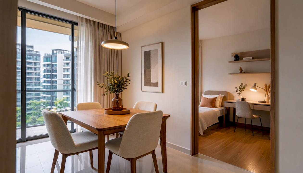 Two-bedroom condo dining and guest room staging
