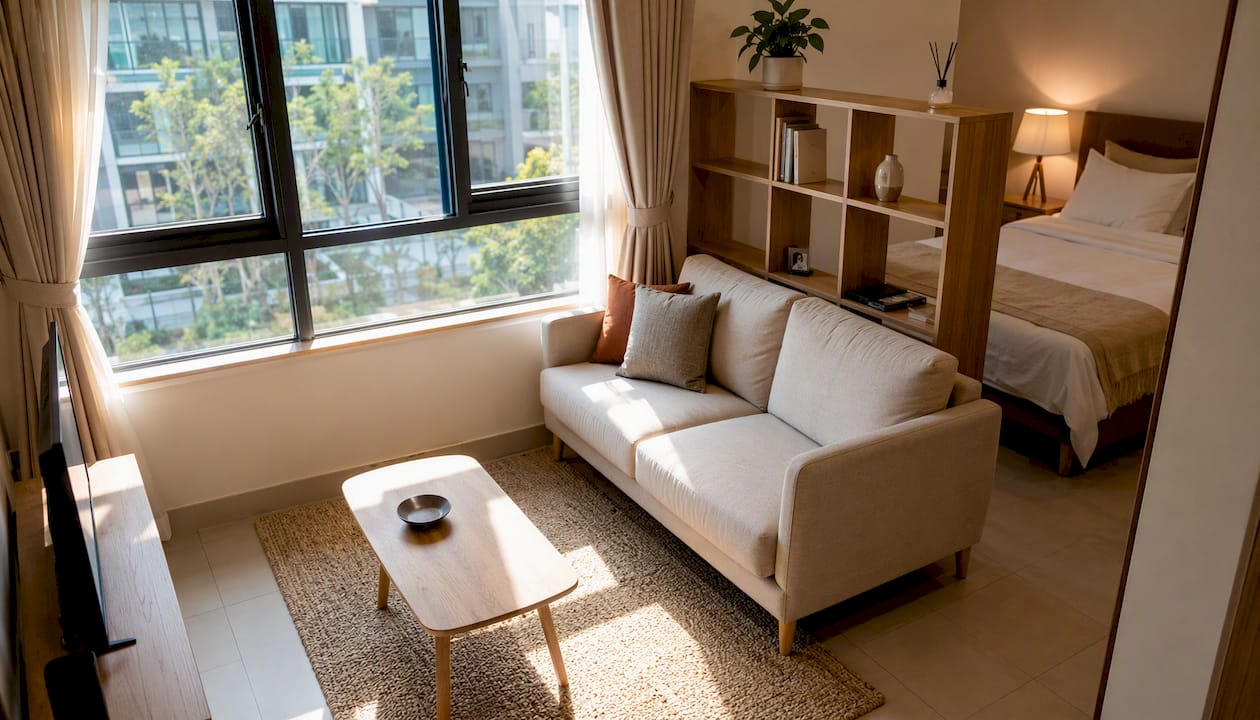 Staged studio apartment living zone