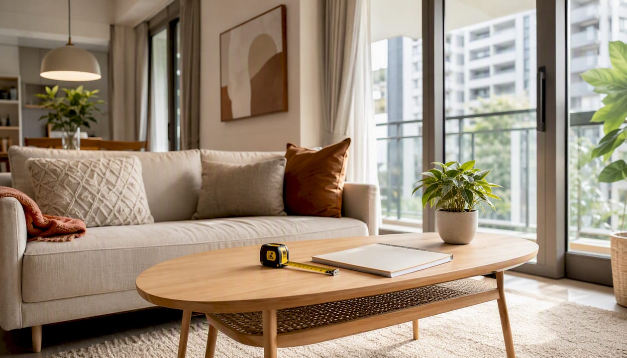 Staged condo living room with consultation tools