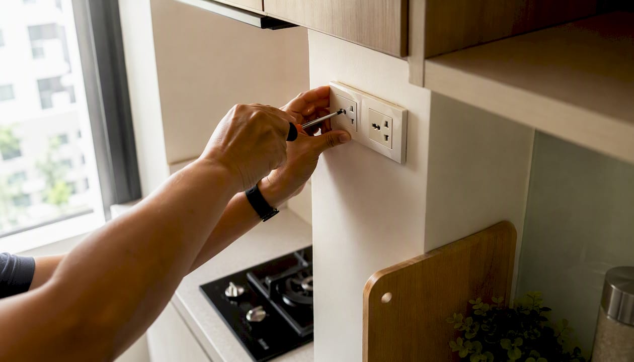 Hand repairing electrical outlet in condo kitchen