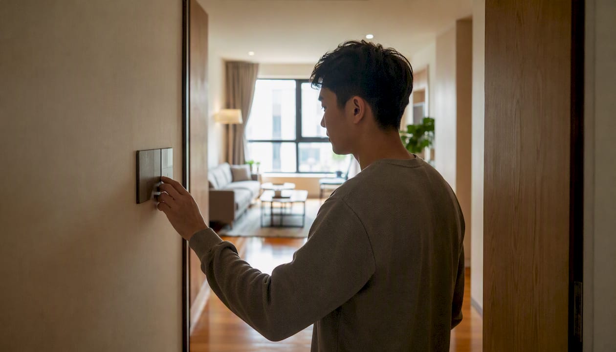 Tenant inspecting apartment electric switch panel