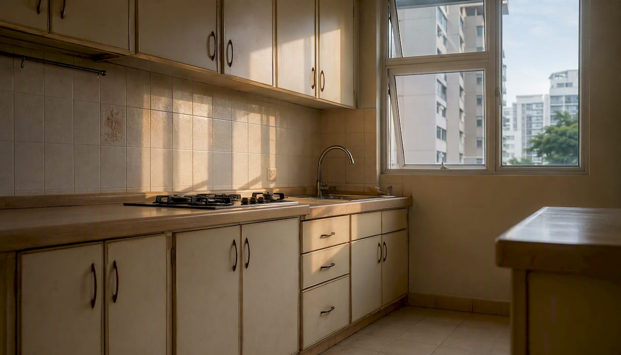 Dated kitchen interior with natural light