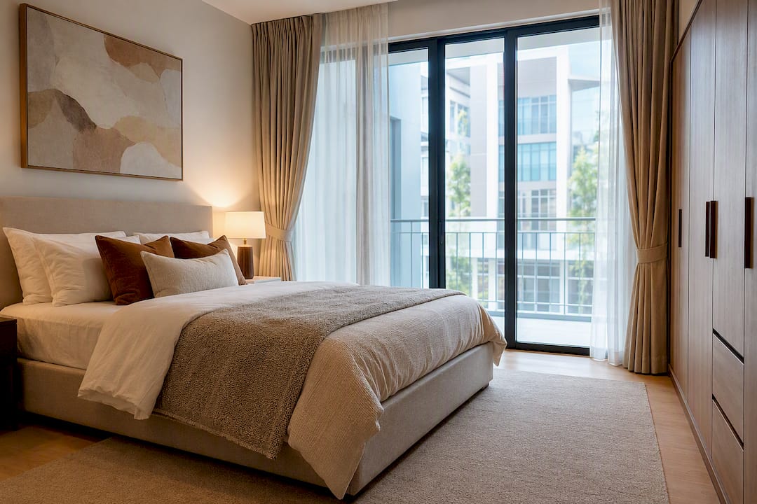 Premium styled bedroom with bed and wardrobe
