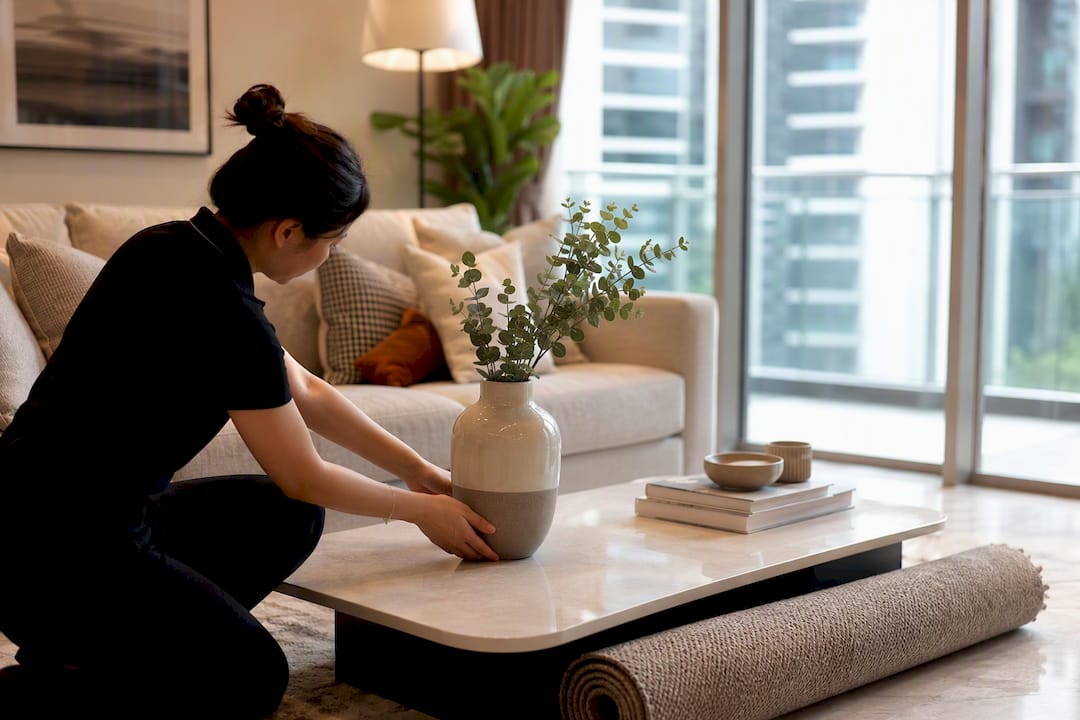 Hands placing lamp during condo staging setup