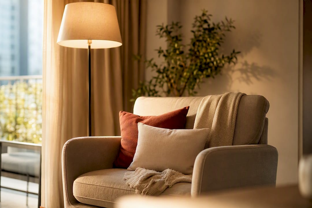 Cozy sofa with throw, lamp, and family photos on fridge