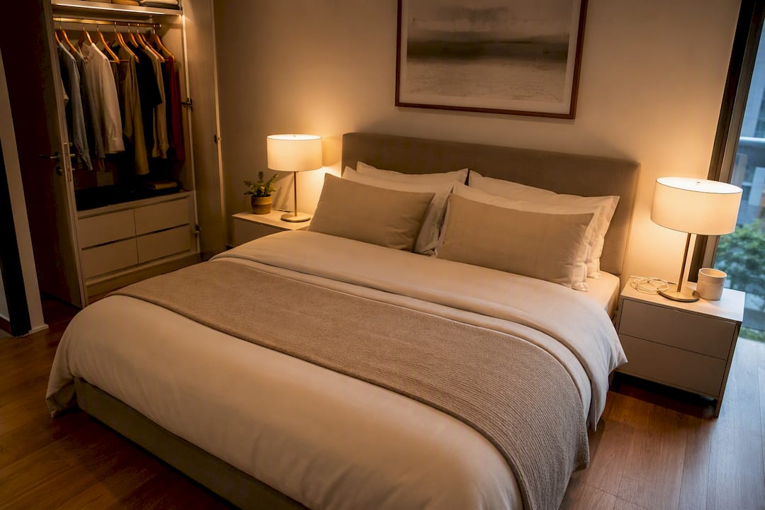 Primary bedroom with neutral bedding and tidy storage