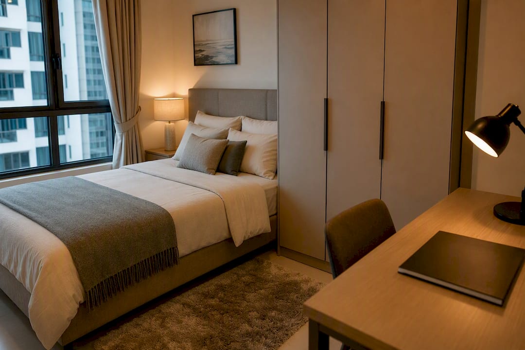 Studio bedroom with super single mattress and wardrobe