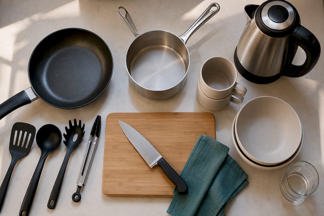 Basic cookware arranged in apartment kitchen