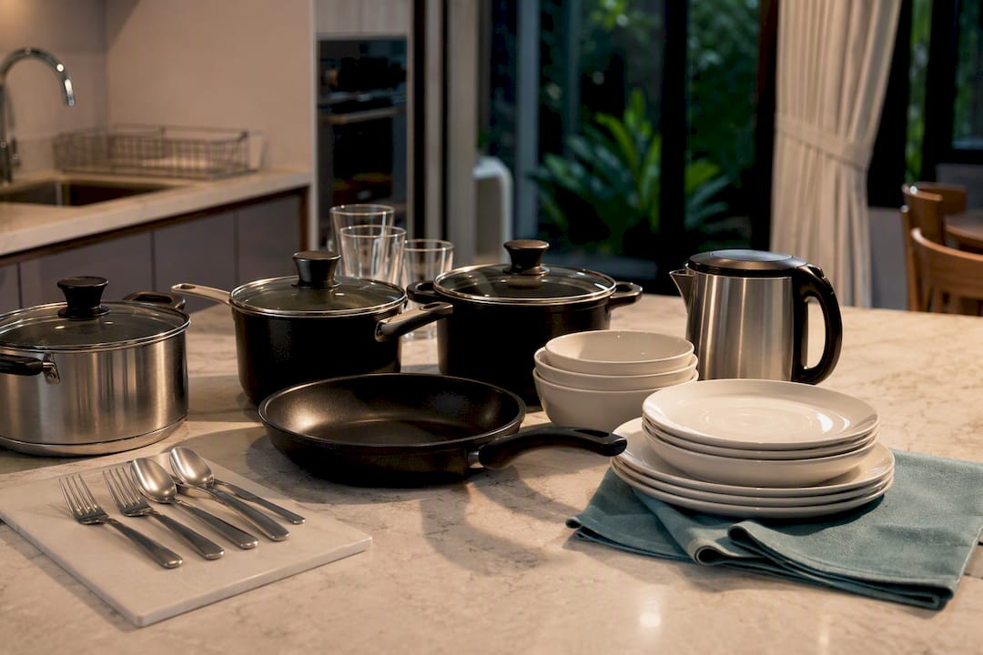 Kitchenware arranged in Singapore rental home