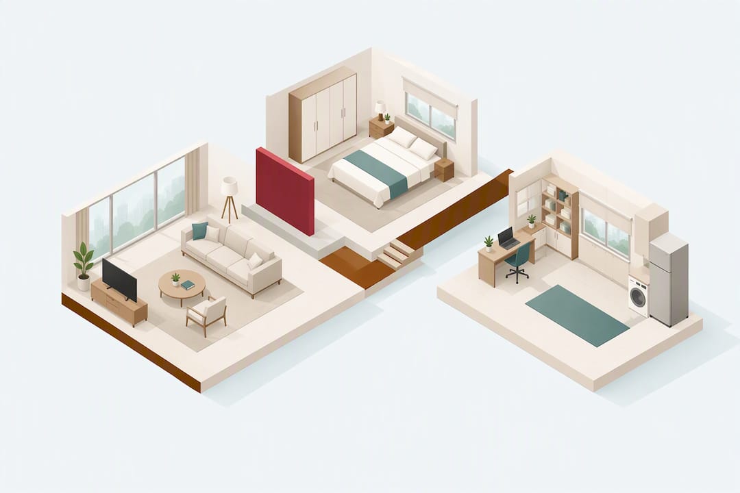 Isometric three-bedroom furnishing checklist