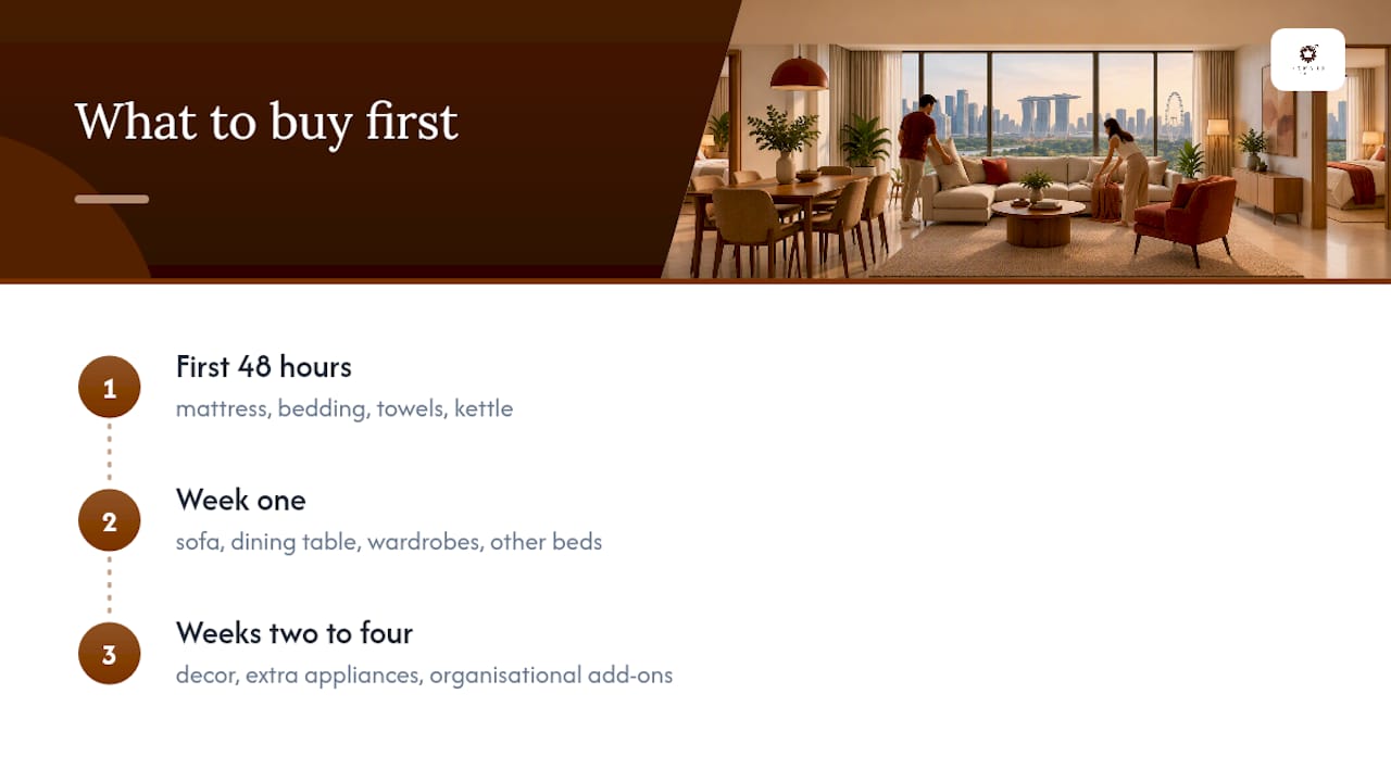 Three-stage move-in furnishing timeline