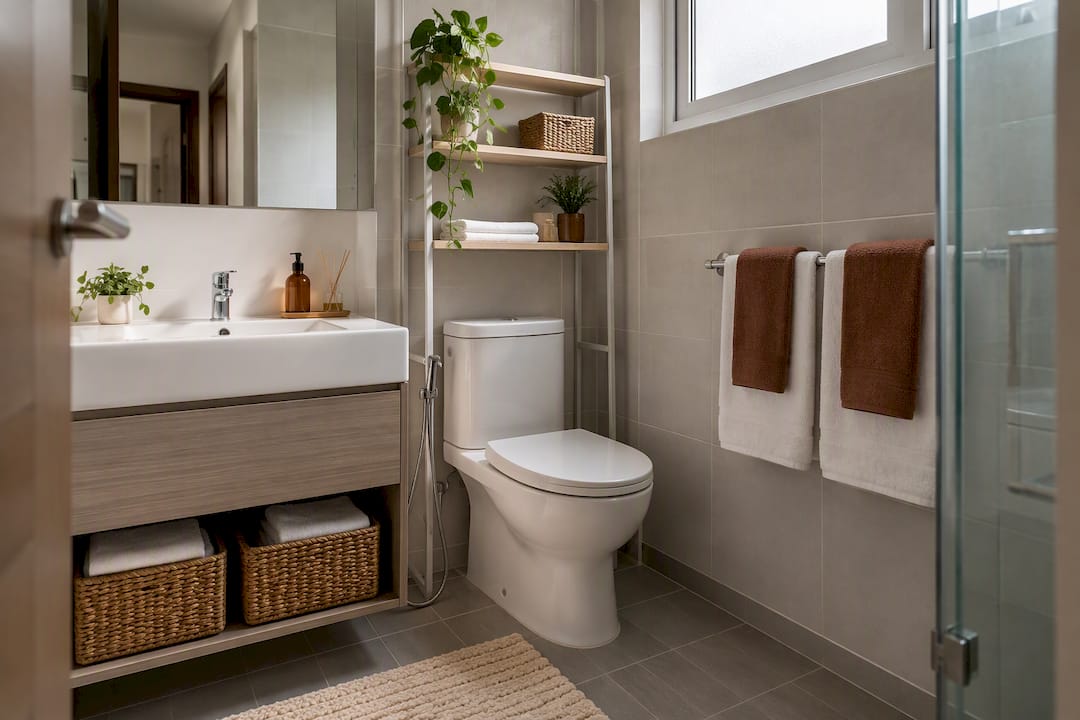 Compact bathroom storage with baskets and towels