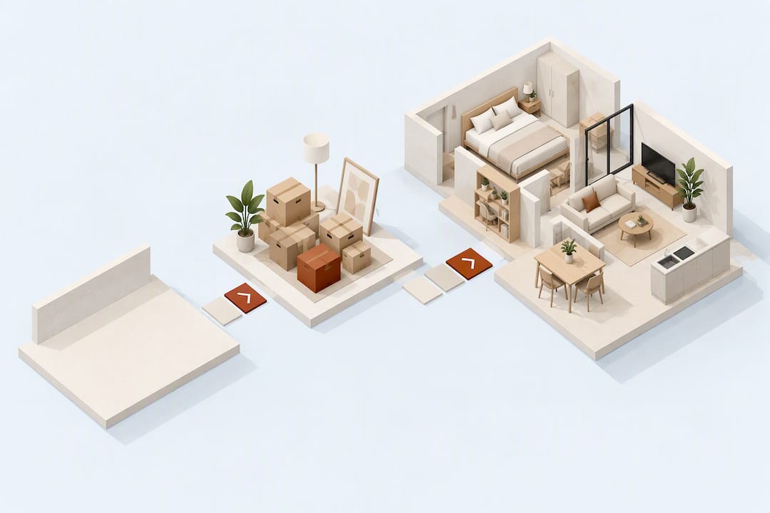 Isometric move-in furnishing planning illustration