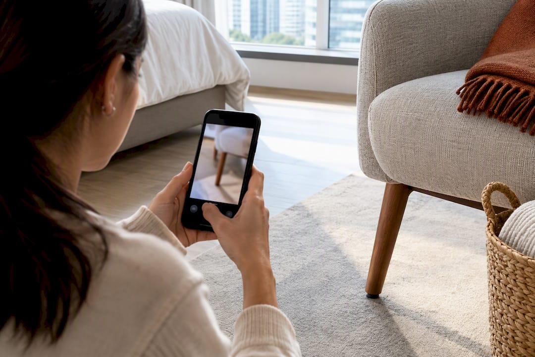 Tenant documenting furniture condition in daylight
