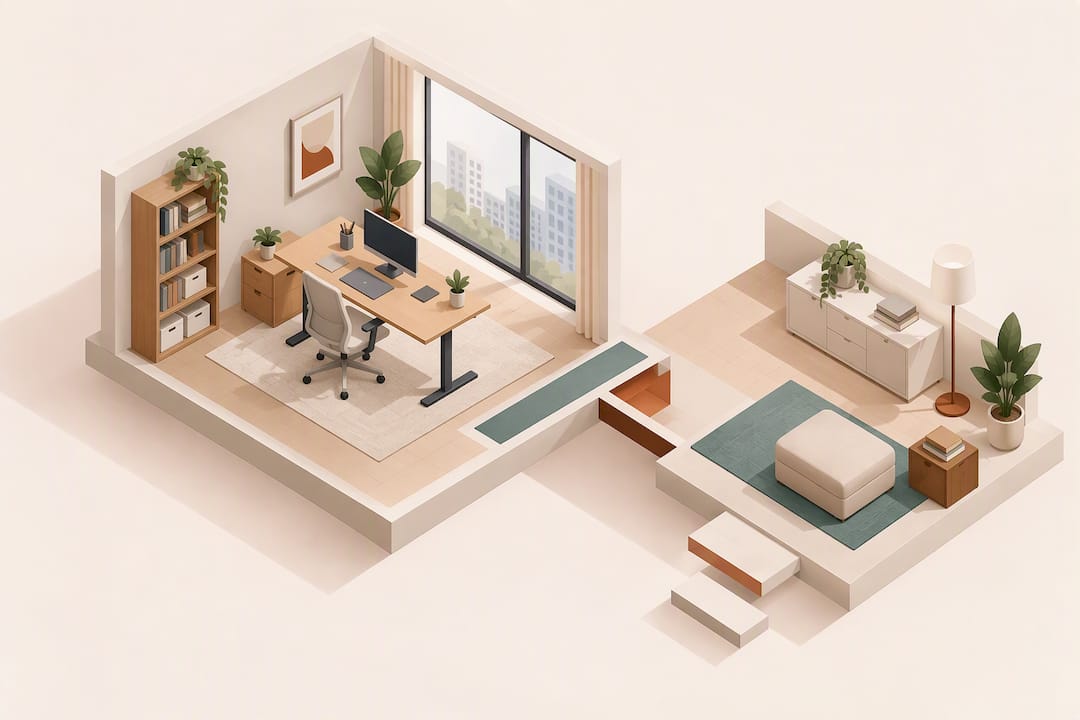 Isometric home office planning title card