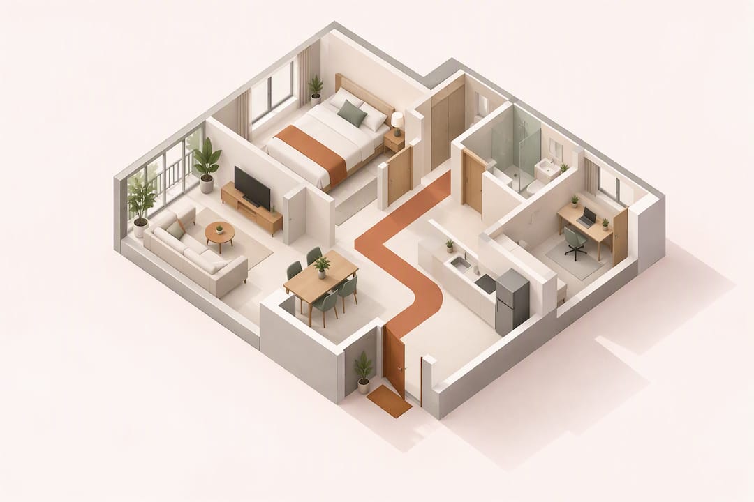 Isometric apartment layout with a clear route