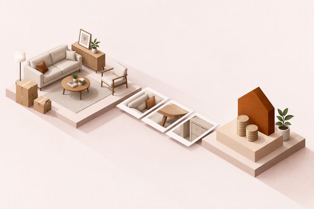 Geometric furniture and evidence cards suggest deposit protection