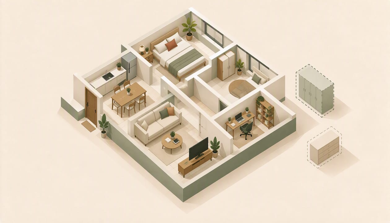 Isometric shared-home layout within occupancy boundary